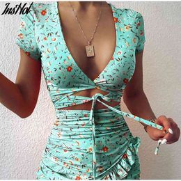 Floral Print Fashion Tie Up Wrap Mini Dress Summer Holiday Ruffles Sundress Ruched Women's Dress Short Sleeve 210514