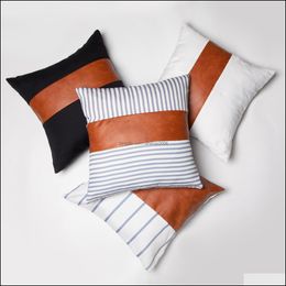 Case Bedding Supplies Textiles & Garden Fashion Stripe Pu 18X18Inch Soft Leather Canvas Patchwork Pillowcase Sofa Cushion Home Decorative Pi