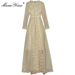 Fashion Designer dress Spring Women's Dress V-neck 3/4 sleeve Gold Line Embroidery Mesh Party Long Dresses 210524