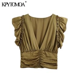 KPYTOMOA Women Fashion With Ruffled Pleated Cropped Blouses Vintage V Neck Sleeveless Back Zipper Female Shirts Chic Tops 210317