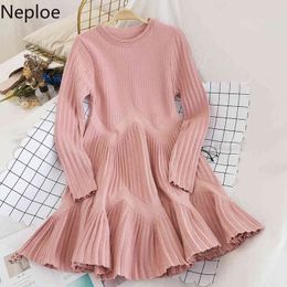 Neploe O Neck Long Sleeve Knit Sweater Dress High Waist Hip A Line Vestido Solid Mid-length Fluffy Ropa Pull Femme Autumn 48283 210322