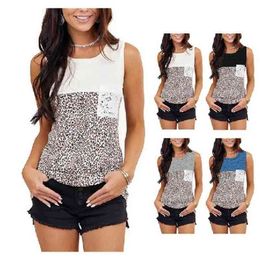 Tshirt Leopard Print Sleeveless Off-Shoulder Tops Sexy Tank Female Casual Loose O-neck Pocket Patchwork Cotton 90s Top Grey 210604