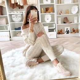 Ladies Knitted Sweaters 2 Pieces Sets Women Fashion Autumn Winter Streetwear Knit Outfit Sweater+Pants Trousers Tracksuit Y0625