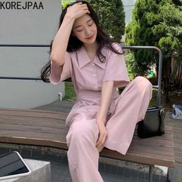 Korejpaa Women Jumpsuits Summer Niche Gentle Pink Lapel Single-Breasted Waist Buckle Short-Sleeved Casual Wide-Leg Jumpsuit 210526