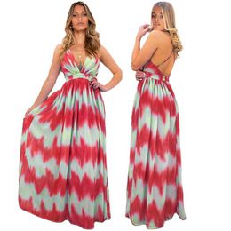 Summer Women Beach Maxi Dress Casual Gradient Striped Print High Waist Backless Sexy V Neck Suspender Boho Long Dresses 210526