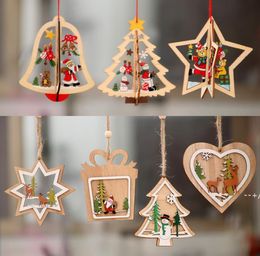 9Pcs Christmas Decorations Wooden Laser Hollow Xmas Tree Pendant 3D Wood Santa Claus, Elk, Snowman decorate JJF11025