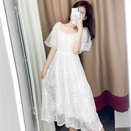 LLZACOOSH Woman White Puff Sleeve Square Collar Vintage Summer Midi Dress Casual French Style Retro A Line office Dress 210514