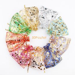 Wholesale 50pc/lot 9X12cm Gold Rose Color Christmas Bags Wedding Drawable Organza Voile Gift Packaging Cheap Pouches Bag