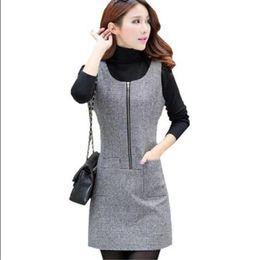 Casual Dresses Woman Spring Plus Size Solid Sleeveless O-neck Belt Knee-length 30% Wool A-line Lady Oversized Autumn Hedging Dress