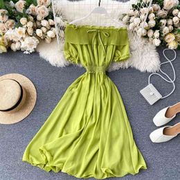 Women's Summer Dress Pleated Ruffled One-neck Strapless Puff Sleeve Chiffon Short Long Female es GX051 210507