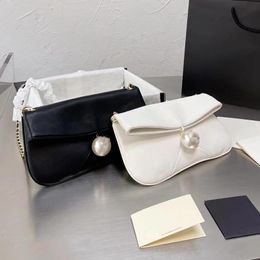 designer Super large pearl chain bag simple casual style women's shoulder bags high-quality leather black folding wallet Black White handbag