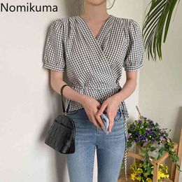 Nomikuma Slim Waist Lace Up Vintage Shirts V Neck Short Sleeve Plaid Bouse Women Summer Crop Tops Female Blusas Mujer 3b585 210514