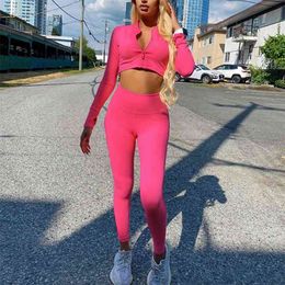 Yoga Gym Set Women Sportswear Long Sleeve Zipper Top Legging Suit for Fitness Workout Clothes Tracksuit Active Wear Sport Outfit 210813