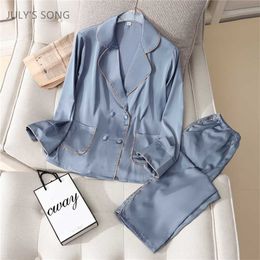 JULY'S SONG Faux Silk Pyjamas Set Spring Autumn Sleepwear Women Casual Long-sleeved Trousers Ice Silk Turn-down Collar Female 211112