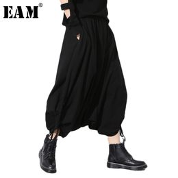 [EAM] Spring Autumn New Fashion Black Solid Pockets Elastic Waist Casual Loose Big Size Women Long Cross Pants RA231 210319