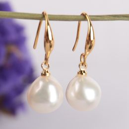 10-12mm Natural White Baroque Pearl Earrings 18K Dangle Hook handmade teardrop luxury Jewelry classic wedding Women elegant