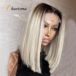 Synthetic Wigs Charisma Lace Front Wig Ombre Blonde Middle Part Short Foir Women Heat Resistant Fibre Hair