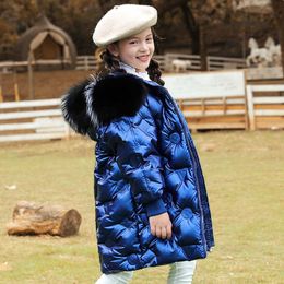 New fashion Winter Down Jacket Girl clothes Coat Hooded Waterproof Snow Wear Shiny 5-14 Yrs Kids Teenage parka real fur Snowsuit H0909