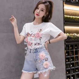 Summer Women Embroidery 3D Flower Letter Cotton Shirt + Slim Denim Shorts Girl Students Two Piece Set 210529