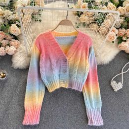 Autumn Winter Korean Gentle Wind Jacket Women Short All-match Rainbow Striped Knitted Cardigan Sweater UK2 211011