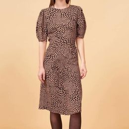 Vitage Leopard Print Women Dress French Style Ladies Short Puff Sleeve Ruched Slim Waist A-line Midi Long Tea 210429