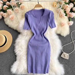 Casual Women's Knitted Dress Pure Color Turn-down Collar Short-sleeve Summer Slim Elastic Fit Sexy Bodycon es 210603