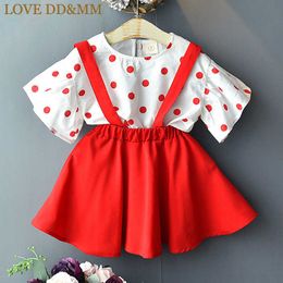 LOVE DD&MM Girls Sets Summer Children's Wear Girls Fashion Dot Lotus Leaf Sleeve Shirts + Strap Pleated Skirts Suit 210715