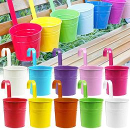 10pc Metal Flower Hanging Flower Pot Hook Wall Removable Candy Colour Iron Bucket Tin Garden Balcony Hanging Succulent Basket 210615