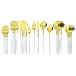 30Pcs White Gold Cutlery Stainless Steel Dinnerware Knife Fork Spoons Tableware Home Kitchen Flatware Silverware Set 210318