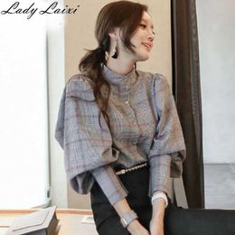 Elegant Womens Plaid Tops and Blouses Women Back Bow Tie Stand Collar Lantern sleeve office OL Grid Blouse 210529