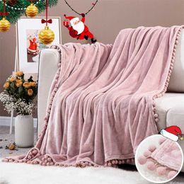 pink blankets UK - Christmas Soft Blanket with Balls Warm Coral Fleece s Winter Solid Color for Baby Polyester Cute Pink Kids 211106
