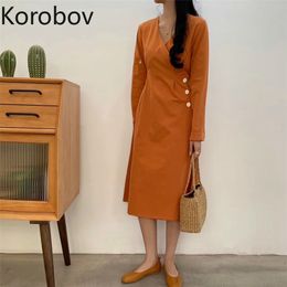 Korobov Summer New Arrival V Neck Women Dress Korean Chic Long Sleeve Female Dresses Elegant Button High Waist Vestidos 210430