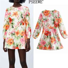 Dress Woman White Floral Print Cut Out Mini Women Summer Long Sleeve es Ladies Vintage es 210519