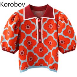 Korobov Summer New Turn-Down Collar Puff Short Sleeve Knitted Pullovers Korean Flower Pattern Button Hit Colour Sweaters 210430