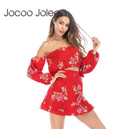 Jocoo Jolee Sexy Floral Sprint Women Suits Off Shoulder Women Puff Sleeves Tops with Butterfly Lace up Shorts for Summer 210619