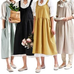 Cooking Kitchen Apron For Woman Female Bib Cotton Linen Dress Cafe BBQ Aprons Kitchen Sleeveless Cooking Accessories 210622