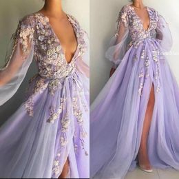 Gorgeous Lilac Evening Dresses With 3D Floral Applique Sexy Deep V Neck Long Poet Sleeves Side Slit Custom Made Prom Party Ball Gown Vestido 403 403