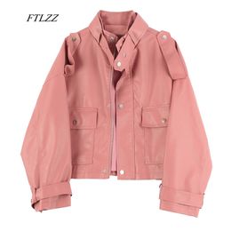 Women Loose Pu Jacket Faux Soft Leather Epaulette Zipper Biker Overcoat Spring Pink Black Street Short Outwear 210430