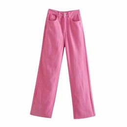 ZA women stretch straight Jeans Washed full length High waist Wide-legged denim pants pocket loose fashion Trousers 211111