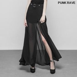 Skirts Gothic Two-layered Chiffon O-ring Belt Strap Maxi Skirt Fashion Sexy Women Transparent Lace PUNK RAVE OPQ-357BQF