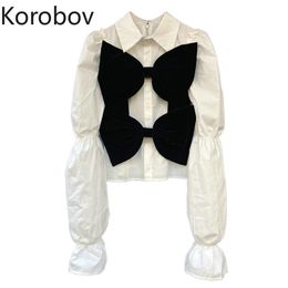 Korobov Women Office Lady Bow Blouse Spring Summer New Korean Puff Sleeve Female Shirts Zipper Vintage Shirt Tops 210430