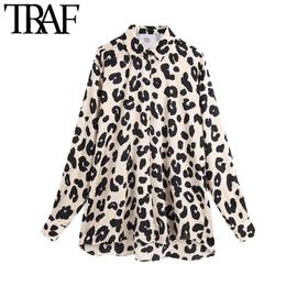 TRAF Women Fashion Leopard Print Loose Blouses Vintage Long Sleeve Button-up Animal Pattern Female Shirts Chic Tops 210317