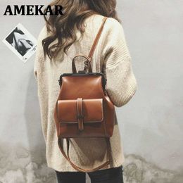 Brand Retro Hasp Back Pack Bags Pu Leather Backpack Women School Bags Small Backpacks for Teenagers Girls Luxury Solid Bag Q0528