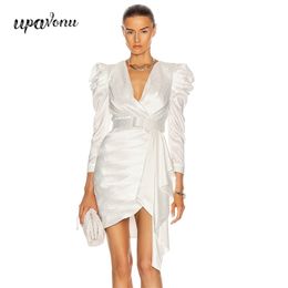 Free Women's Printed Dresses Sexy V-neck Bubble Long Sleeve Belt Bodycon Draped Dress Club Party Mini Vestidos 210524