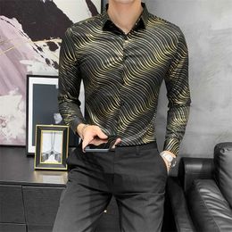 Luxury Gold Striped Men's Shirt Long Sleeve Slim Fit Casual Dress Shirt Night Club Streetwear Men Clothing Camisas Para Hombre 210527