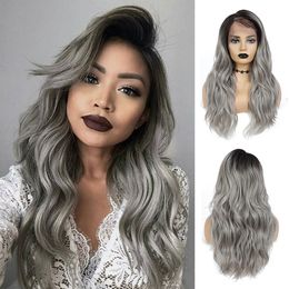 Ombre Grey Simulation Brazilian Human Hair Wig Long Wavy Heat Resistant Synthetic Lace Front Wigs for Women