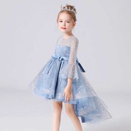 Flower lace long sleeve summer dress new elegant girls mesh embroidered dress lace upscale wedding dress Girl clothes Q0716