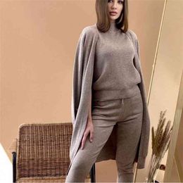 Winter 3pcs Casual Tracksuits Women Knit Sweater Cardigan Coat + Tank Top Pants Sets Suits Fashion Lounge Set Ensemble Femme 210514