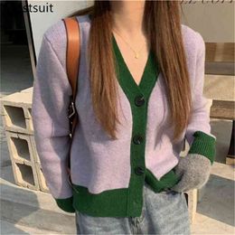 Color-blocked Knitted Women Cardigan Sweater Full Sleeve V-neck Single-breasted Tops Vintage Fashion Korean Ladies Jumpers 210513