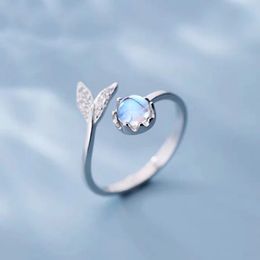 2021 Minimalist Silver Color Cute Tail Moonstone Personality Adjustable Opening Ring For Women Girl Fashion Party Jewelry Gifts